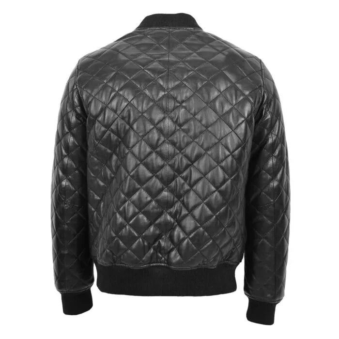Mens Leather Quilted Bomber Jacket Warren Black
