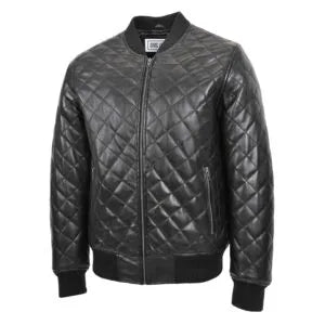 Mens Leather Quilted Bomber Jacket Warren Black